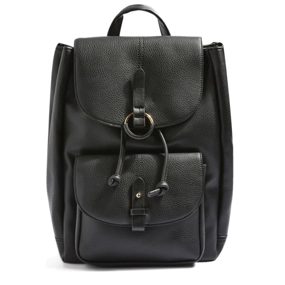 Topshop Black Pebbled Faux Leather Flap Backpack